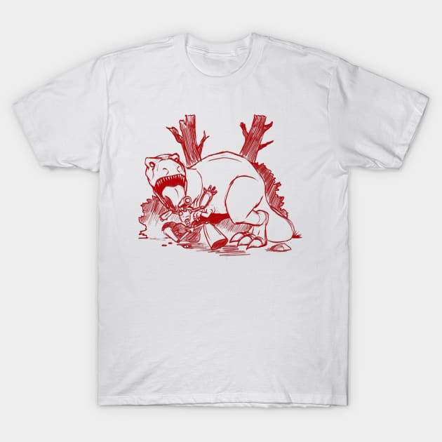 Dinosaur and Robots- Red Line Art Version T-Shirt by sketchbooksage